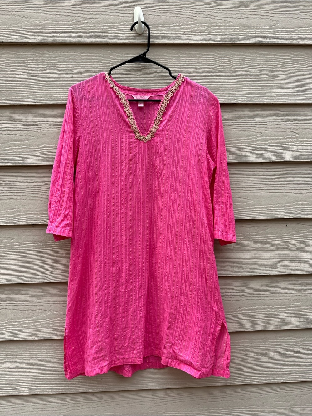 Lilly Pulitzer Esme Lurex CrinklePink Tunic Crepe Dress Gold 3/4 Sleeve Sz M A4